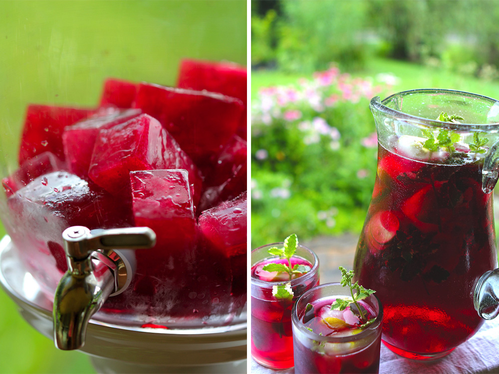 hibiscus ice cubes and iced tea