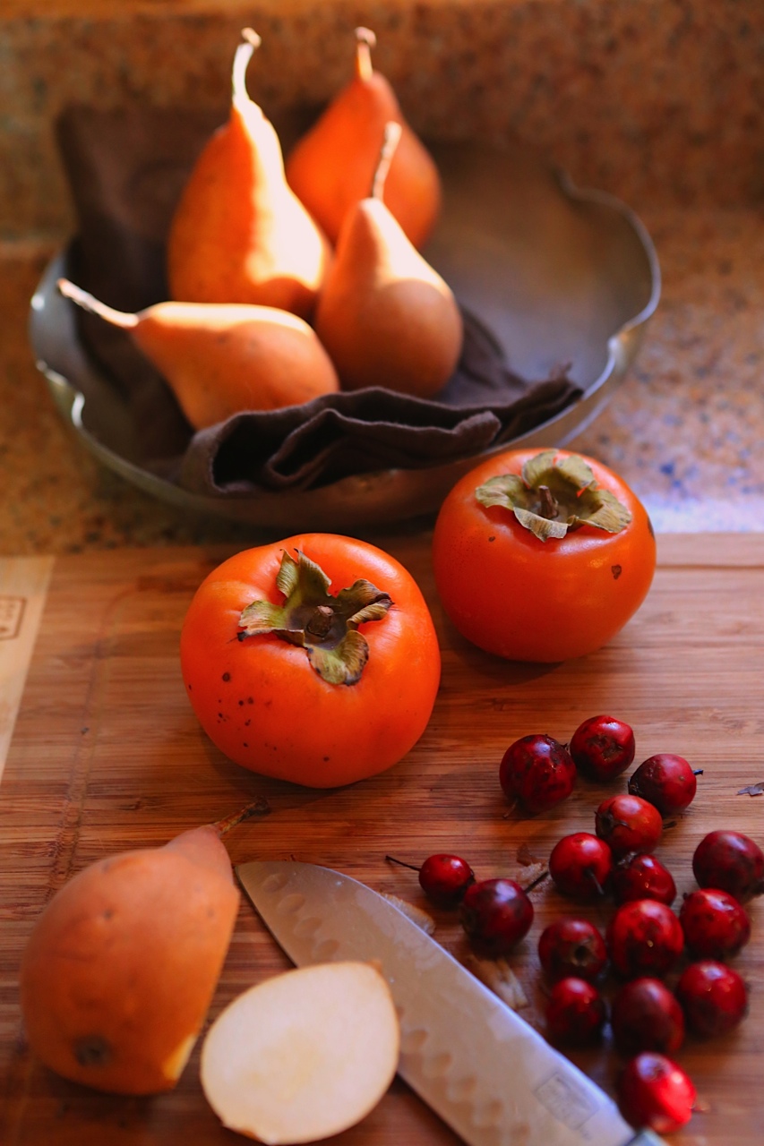 Ingredients for Spiced Hawthorn Pear Persimmon Brandy.