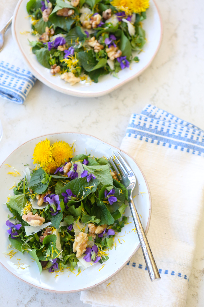 Violet and chickweed salad, garnished with dandelion flowers