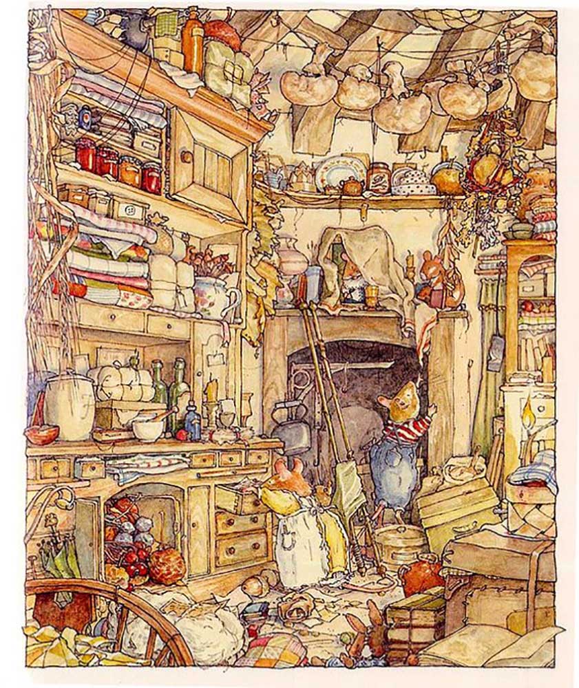 An illustration of mice working in a messy kitchen.