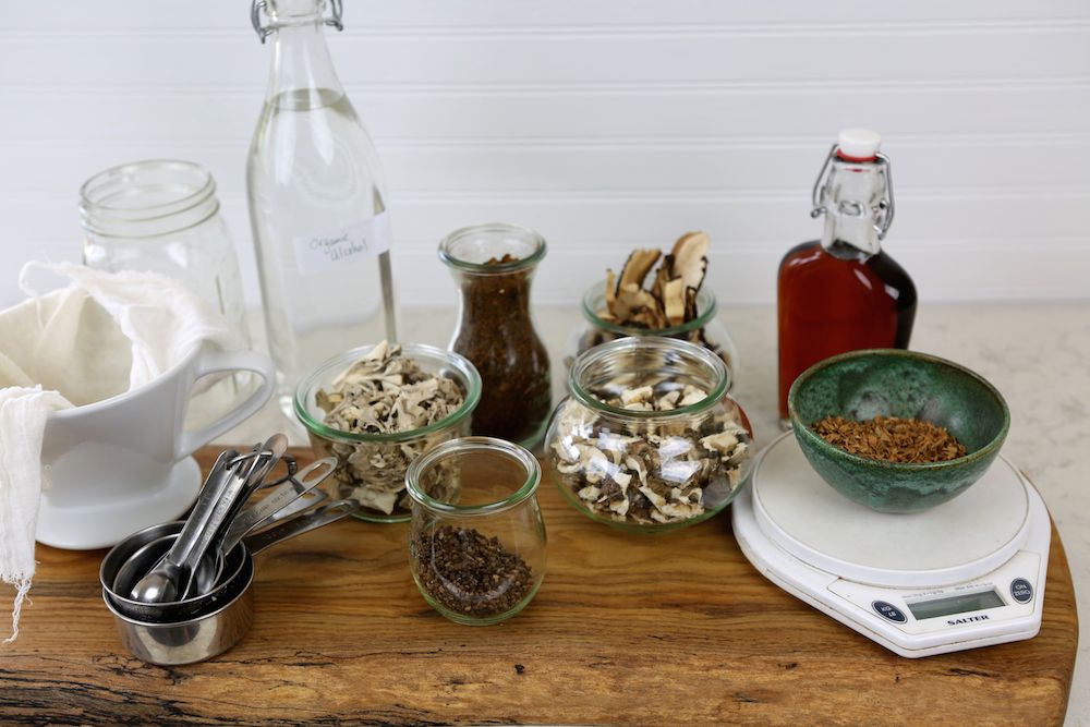 Ingredients and materials for the Maple Medicinal Mushroom Concoction.
