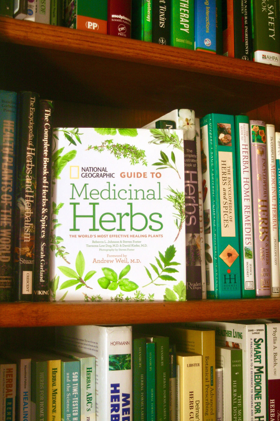 The Guide to Medicinal Herbs book sits on a bookshelf.