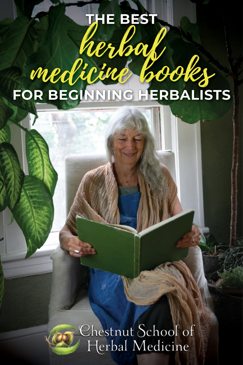 A woman sits in a chair under a plant reading one of the best herbal medicine books for herbalists.