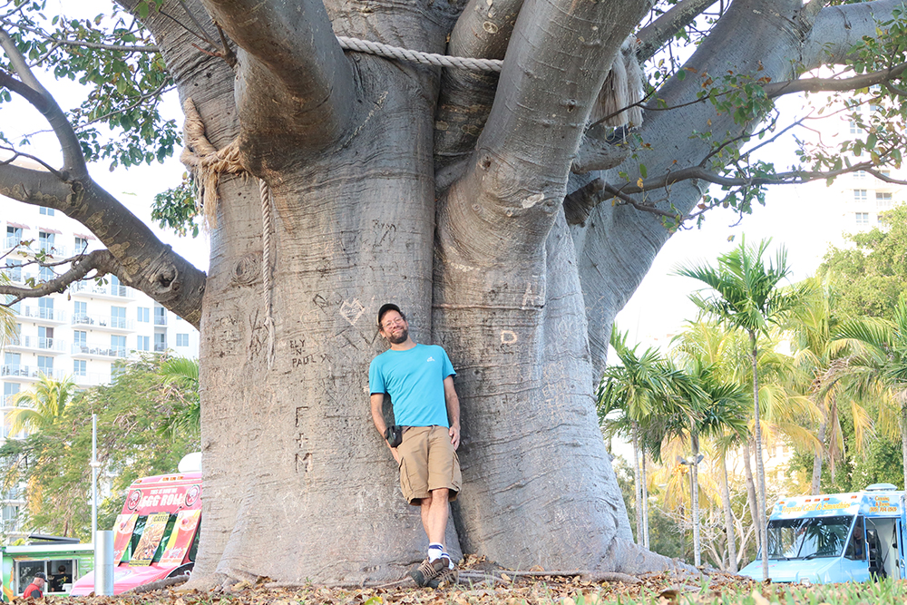 Marc with a baobab tree in Hollywood, Florida.