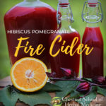 Three bottles of Hibiscus Pomegranate Fire Cider sit on a table with half an orange and fresh hibiscus flowers.
