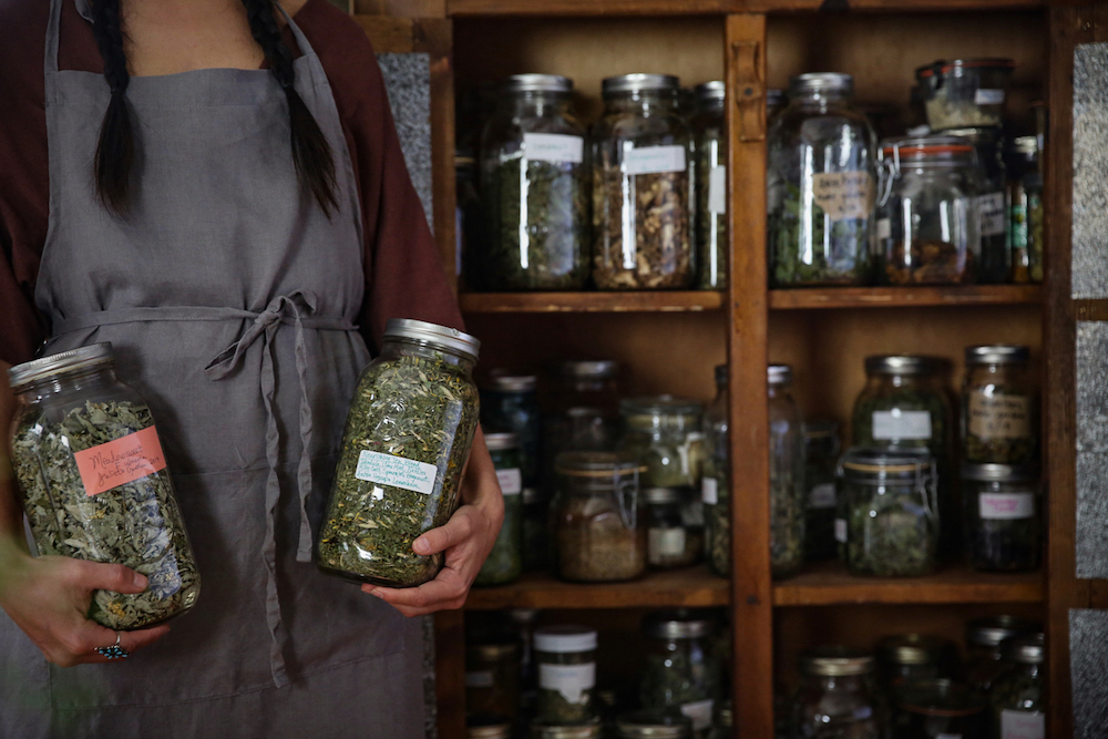 A person wearing an apron holds two jars filled with dried herbs, standing in front of a home herbal apothecary cabinet.