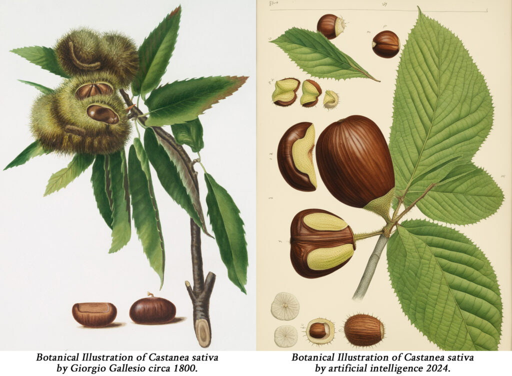 Side-by-side illustrations of Castanea sativa—one by botanist Giorgio Gallesio (1800) and one by AI (2024), whose version includes botanical inaccuracies that underscore the limits of artificial intelligence in herbal education.