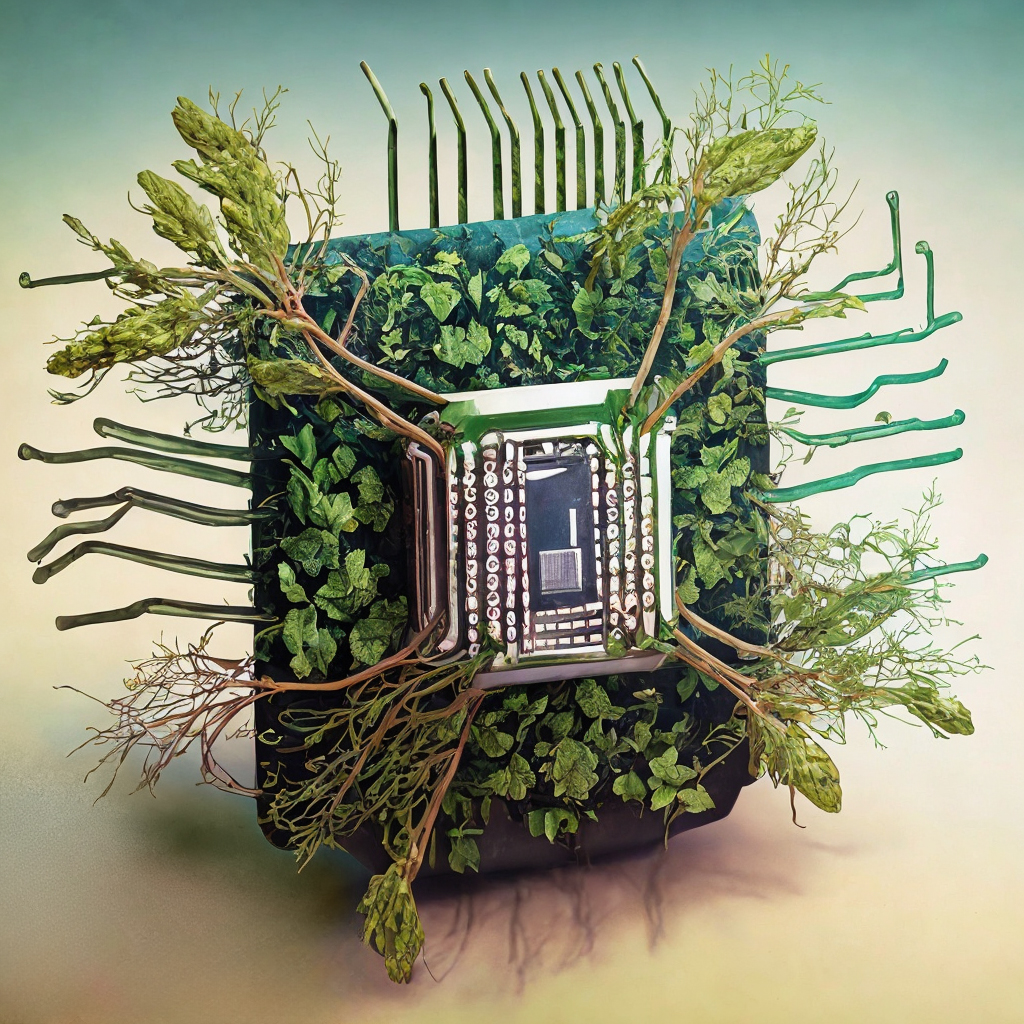 The risks of using AI in herbalism. An AI-generated image of a computer chip intertwined with herbs.