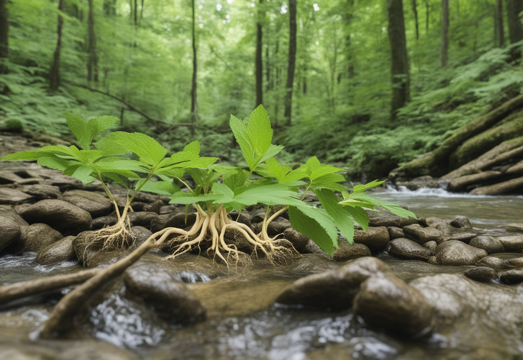 The risks of using AI in herbalism. An AI-generated image of ginseng growing near a stream.