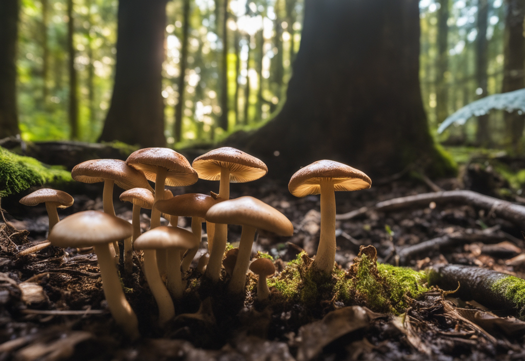 The risks of using AI in herbalism. An AI-generated image of mushrooms growing in a forest.