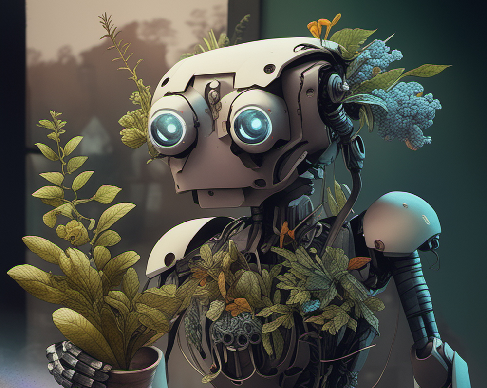 The risks of using AI in herbalism. An AI-generated image of a robotic herbalist.