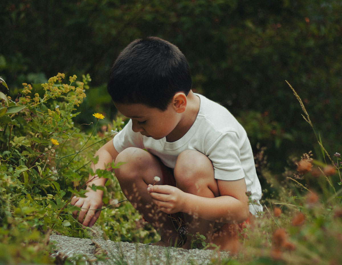 A child examining plants